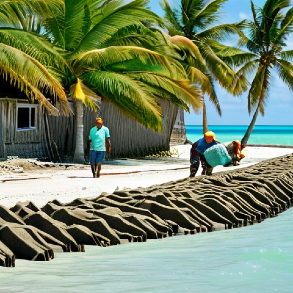 Adapting to Rising Seas**
A fully clothed family in Kiribati, working together to build a small seawall from sandbags in front of their modest home. The turquoise ocean is visible in the background, encroaching on the shoreline. Lush green palm trees sway in the breeze. Everyone is smiling, showing resilience and hope. Safe for work, appropriate content, professional photography, perfect anatomy, natural proportions, fully clothed, family-friendly.
**