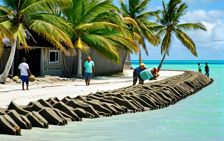 Adapting to Rising Seas**

A fully clothed family in Kiribati, working together to build a small seawall from sandbags in front of their modest home. The turquoise ocean is visible in the background, encroaching on the shoreline. Lush green palm trees sway in the breeze. Everyone is smiling, showing resilience and hope. Safe for work, appropriate content, professional photography, perfect anatomy, natural proportions, fully clothed, family-friendly.

**