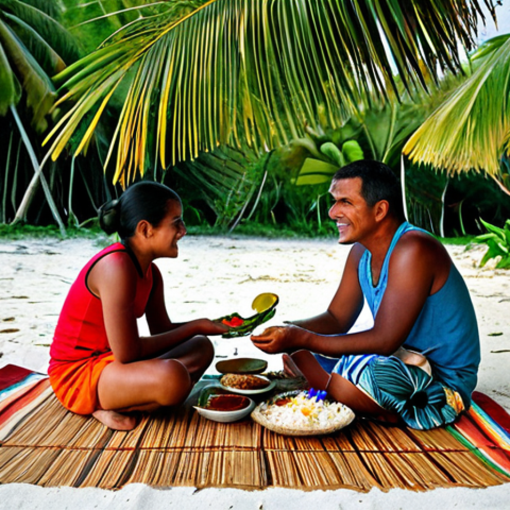 Kiribati Family Meal**
A family-friendly scene of a Kiribati family enjoying a meal outdoors. They are sitting on woven mats, surrounded by tropical foliage. The meal includes grilled fish, coconut rice, and fresh fruit. Everyone is fully clothed in modest, colorful attire. Perfect anatomy, natural poses, appropriate content, safe for work, high quality.
**