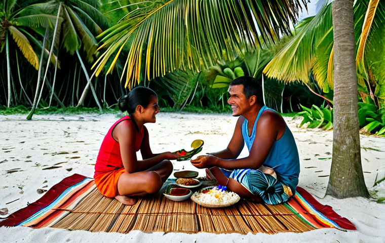 Kiribati Family Meal**

A family-friendly scene of a Kiribati family enjoying a meal outdoors. They are sitting on woven mats, surrounded by tropical foliage. The meal includes grilled fish, coconut rice, and fresh fruit. Everyone is fully clothed in modest, colorful attire. Perfect anatomy, natural poses, appropriate content, safe for work, high quality.

**