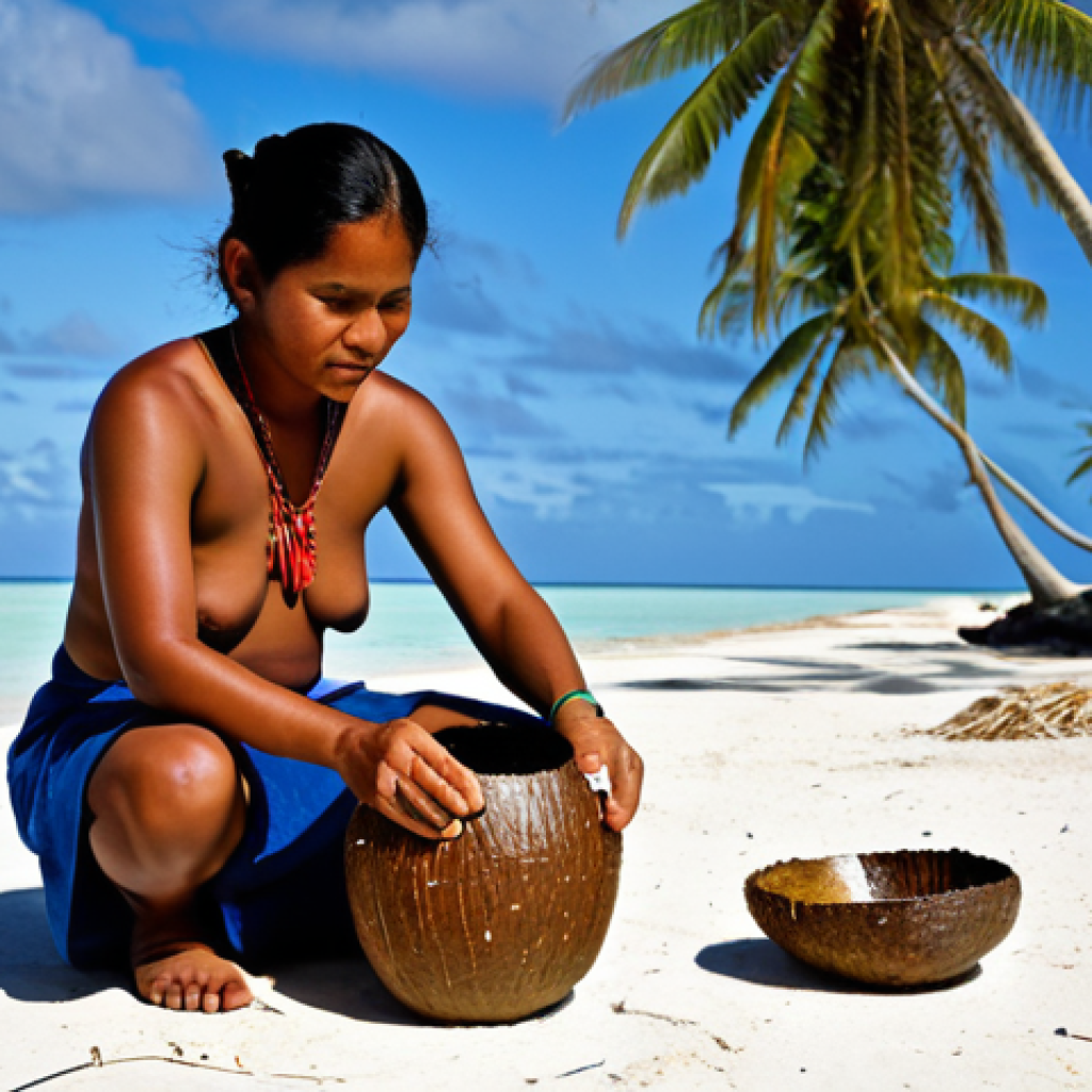 키리바시 로컬 비즈니스 성공 사례 - **Subject:** A Kiribati woman, Tiana, creating handicrafts from coconut shells.
**Clothing:** Fu...