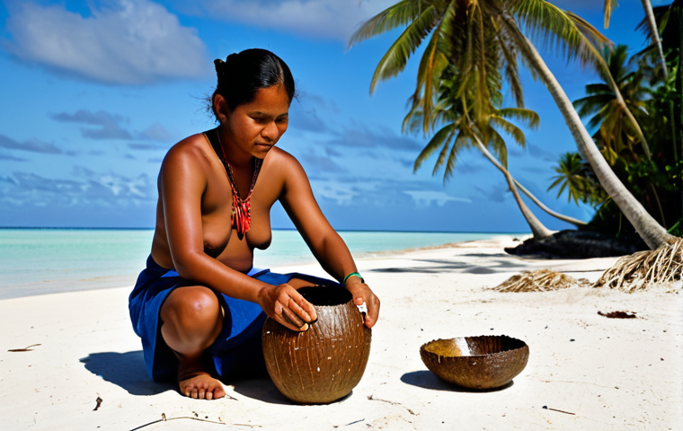 키리바시 로컬 비즈니스 성공 사례 - **Subject:** A Kiribati woman, Tiana, creating handicrafts from coconut shells.
    **Clothing:** Fu...