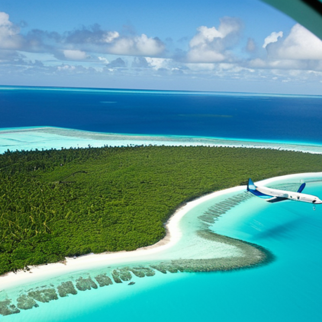 키리바시 섬 간 이동 방법 - Island Hopper Plane**
"A small passenger plane flying over turquoise waters and a scattering of sma...