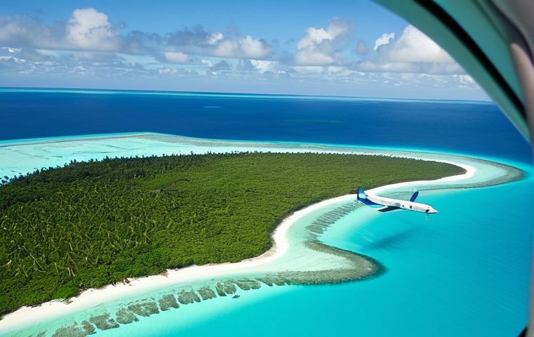 키리바시 섬 간 이동 방법 - Island Hopper Plane**

"A small passenger plane flying over turquoise waters and a scattering of sma...