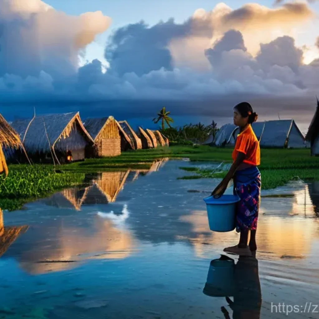 키리바시 전염병 및 보건 이슈 - **Prompt:** A poignant, wide-angle shot of a remote Kiribati island village at sunset. The vibrant b...