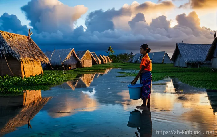 키리바시 전염병 및 보건 이슈 - **Prompt:** A poignant, wide-angle shot of a remote Kiribati island village at sunset. The vibrant b...
