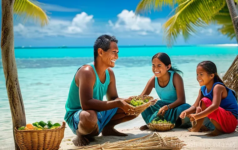키리바시 전염병 및 보건 이슈 - **Prompt:** A poignant, wide-angle shot of a remote Kiribati island village at sunset. The vibrant b...