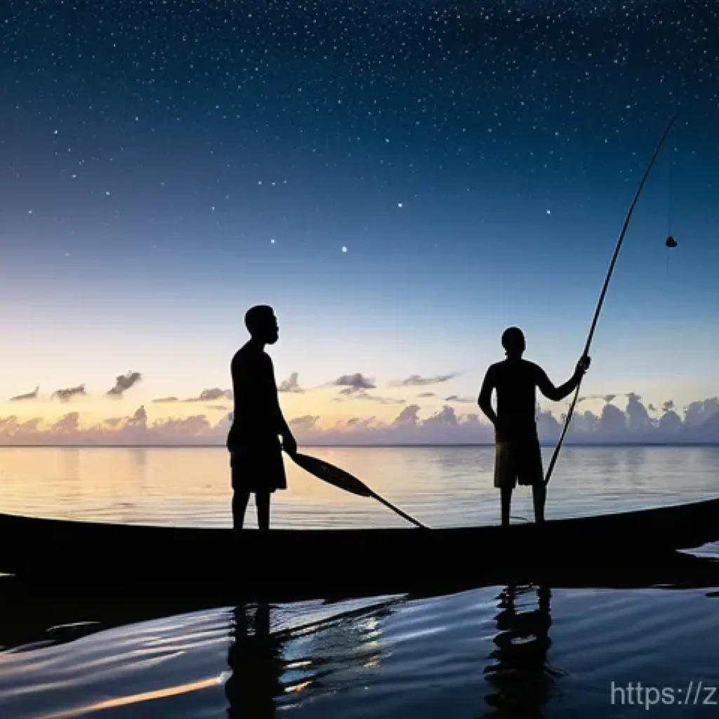 키리바시 전통 어업 방식 - **Prompt:** "A serene night scene on a Kiribati atoll. Two Kiribati fishermen, young adults, stand w...