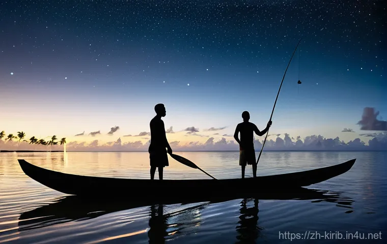 키리바시 전통 어업 방식 - **Prompt:** "A serene night scene on a Kiribati atoll. Two Kiribati fishermen, young adults, stand w...