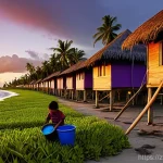 키리바시 개발도상국 지원 수혜국 - **Prompt 1: The encroaching tide on a Kiribati village.**
    "A photorealistic image of a low-lying...
