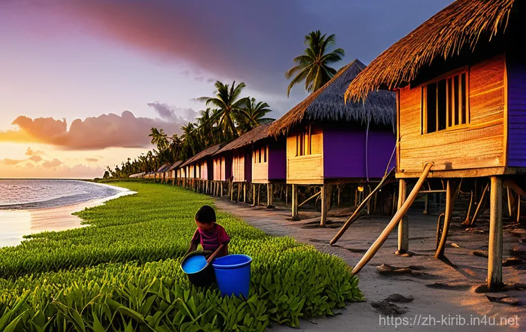 키리바시 개발도상국 지원 수혜국 - **Prompt 1: The encroaching tide on a Kiribati village.**
    "A photorealistic image of a low-lying...