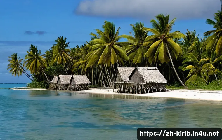 키리바시 이주 문제와 국제 지원 - A poignant, cinematic wide shot of a traditional Kiribati village shoreline at high tide. The lower ...