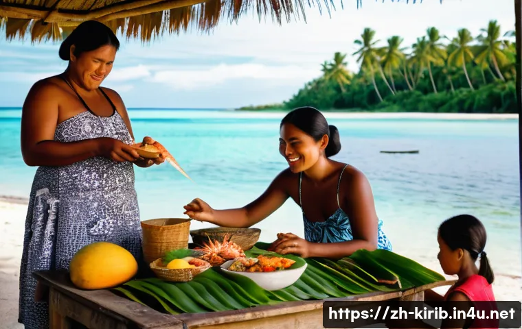키리바시 원주민 요리법 - A vibrant traditional Kiribati seaside feast scene featuring freshly caught seafood such as small "t...