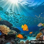 키리바시 낚시 여행 가이드 - A vibrant underwater scene near Kiribati’s coral reefs showcasing a diverse array of tropical fish i...
