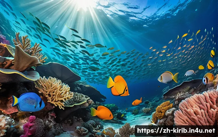키리바시 낚시 여행 가이드 - A vibrant underwater scene near Kiribati’s coral reefs showcasing a diverse array of tropical fish i...