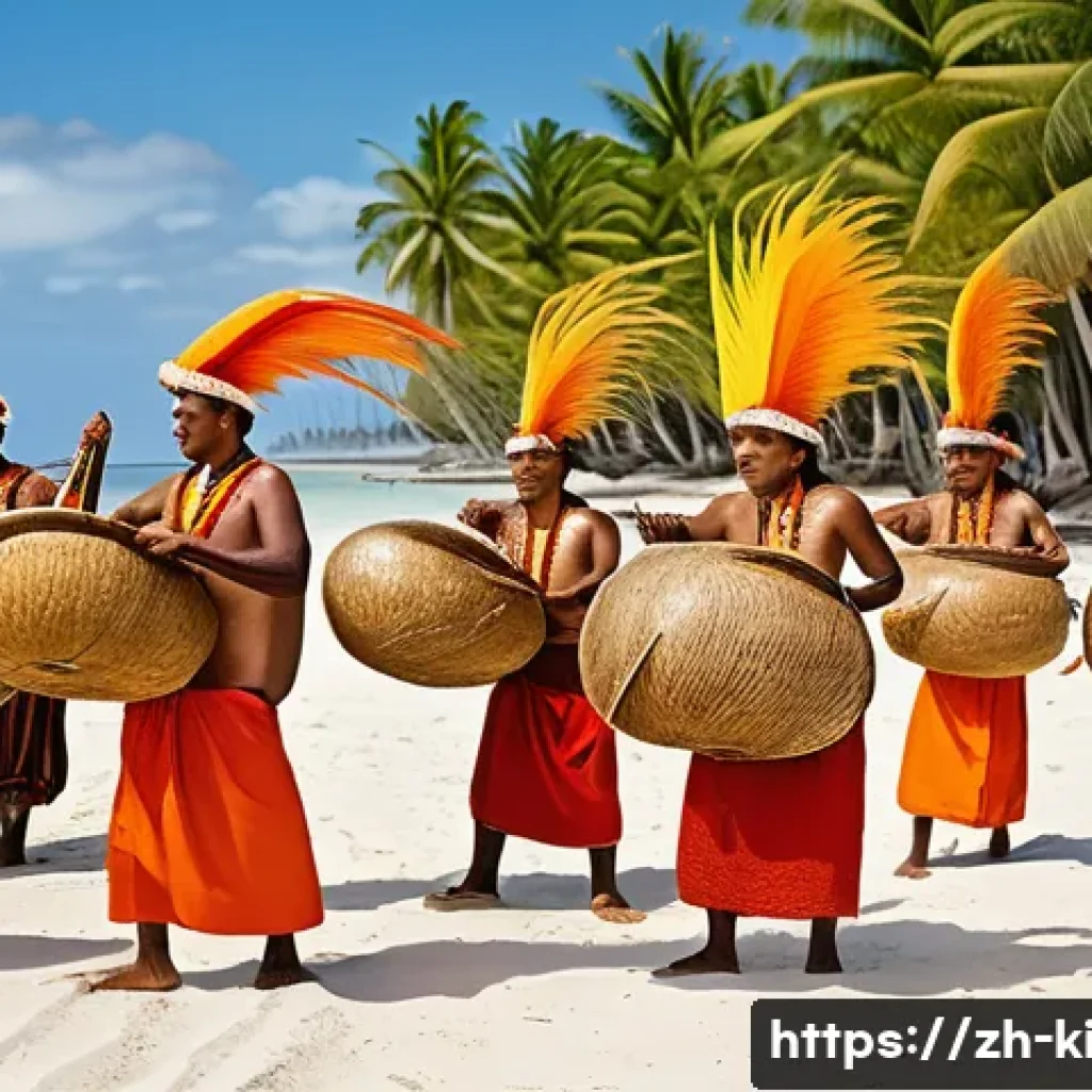 키리바시 언어와 문화 - A vibrant traditional Kiribati sea festival scene featuring villagers in intricately woven coconut f...