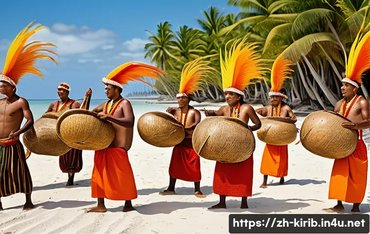 키리바시 언어와 문화 - A vibrant traditional Kiribati sea festival scene featuring villagers in intricately woven coconut f...