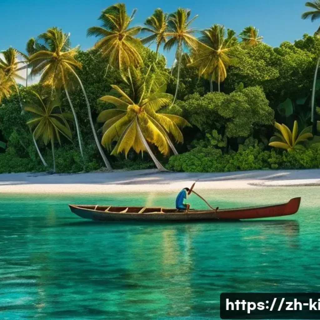 키리바시 교통수단과 이용법 - A serene early morning scene on a Kiribati island featuring a traditional wooden dugout canoe glidin...