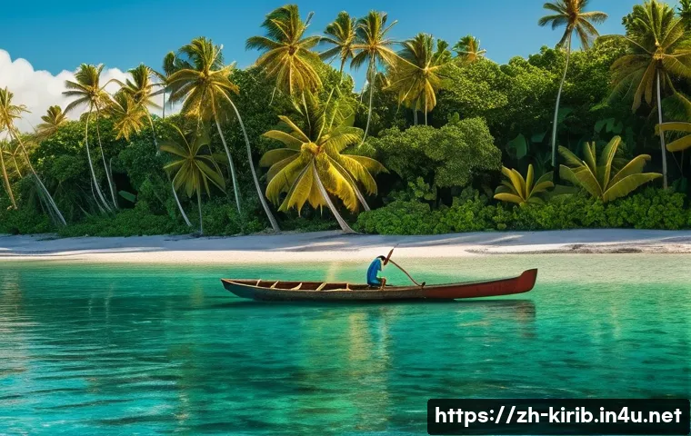 키리바시 교통수단과 이용법 - A serene early morning scene on a Kiribati island featuring a traditional wooden dugout canoe glidin...