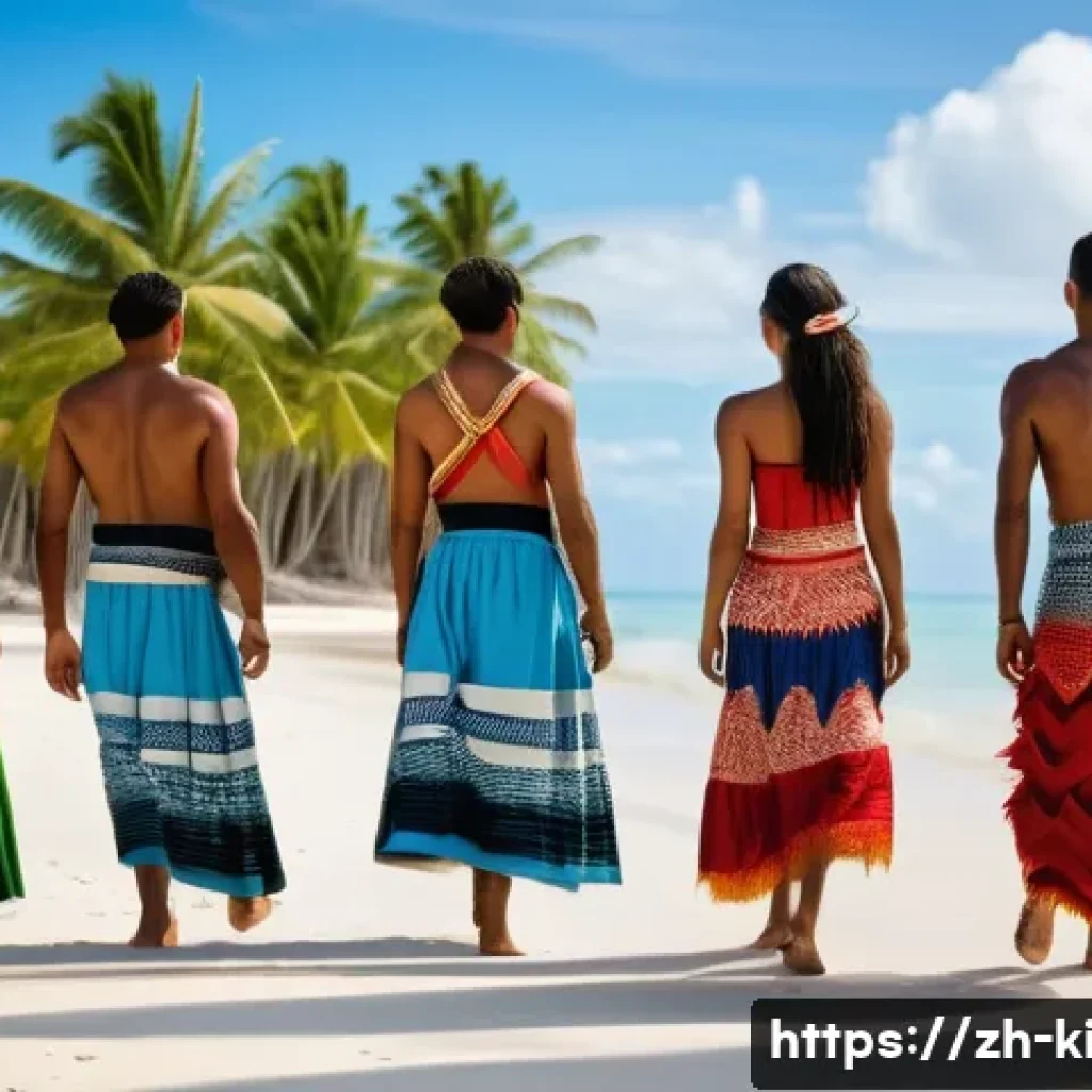 키리바시 전통 의상과 의미 - A traditional Kiribati village scene showcasing men and women dressed in authentic attire made from ...