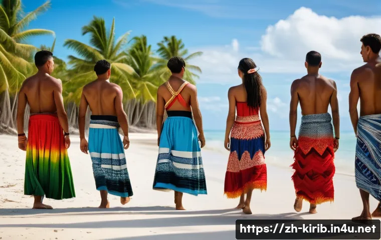 키리바시 전통 의상과 의미 - A traditional Kiribati village scene showcasing men and women dressed in authentic attire made from ...