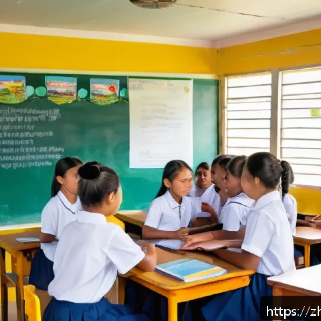 키리바시 영어 사용 가능성 - A vibrant classroom scene in a remote Kiribati island school, featuring a diverse group of enthusias...