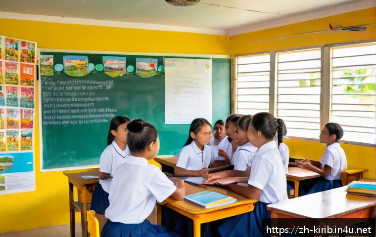 키리바시 영어 사용 가능성 - A vibrant classroom scene in a remote Kiribati island school, featuring a diverse group of enthusias...