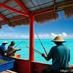 키리바시 주요 산업 및 기업 - A vibrant scene of Kiribati fishermen on traditional boats equipped with modern satellite monitoring...