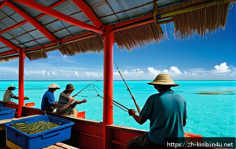 키리바시 주요 산업 및 기업 - A vibrant scene of Kiribati fishermen on traditional boats equipped with modern satellite monitoring...
