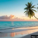 키리바시 바닷가 리조트 추천 - A tranquil, pristine beach scene in Kiribati at sunrise, featuring endless stretches of soft, fine s...