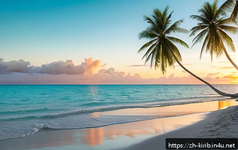 키리바시 바닷가 리조트 추천 - A tranquil, pristine beach scene in Kiribati at sunrise, featuring endless stretches of soft, fine s...