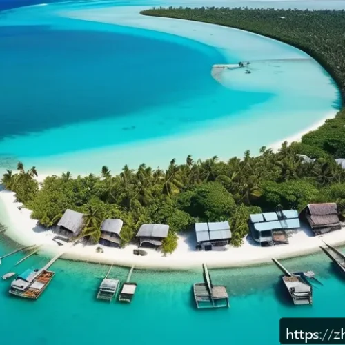 키리바시 화폐 가치와 환율 - A detailed aerial view of Kiribati&rsquo;s coastal village with traditional thatched huts and fishing boat...