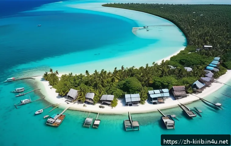키리바시 화폐 가치와 환율 - A detailed aerial view of Kiribati&rsquo;s coastal village with traditional thatched huts and fishing boat...