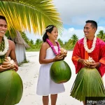 키리바시 전통 혼례 문화 - A vibrant Kiribati wedding scene featuring the groom and his family carrying symbolic gifts such as ...