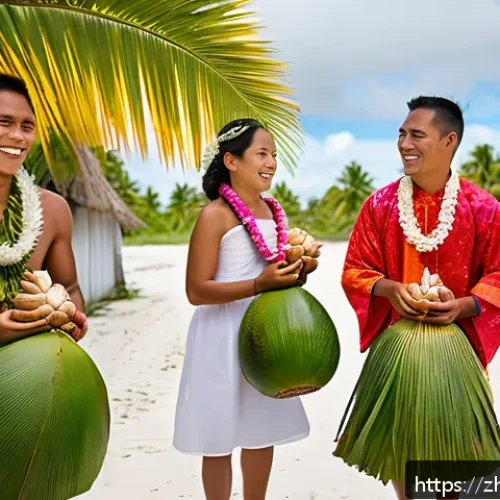 키리바시 전통 혼례 문화 - A vibrant Kiribati wedding scene featuring the groom and his family carrying symbolic gifts such as ...
