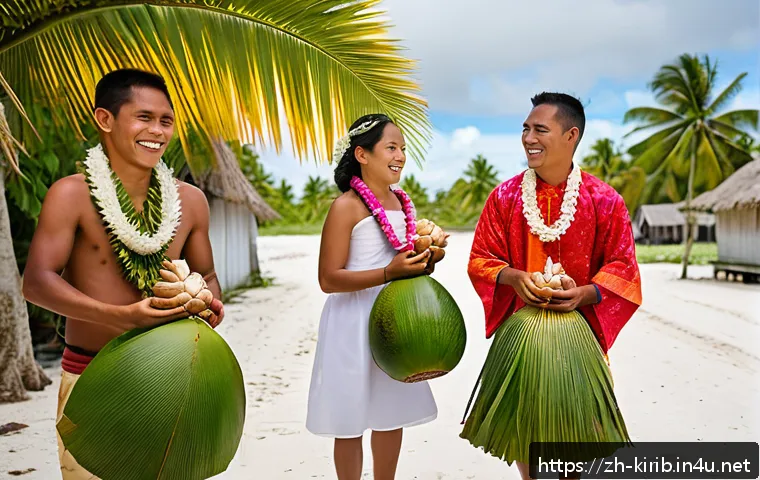 키리바시 전통 혼례 문화 - A vibrant Kiribati wedding scene featuring the groom and his family carrying symbolic gifts such as ...