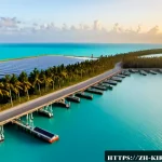 키리바시 해외 투자 유치 전략 - Photorealistic aerial sunrise view of a Kiribati lagoon island developed as a sustainable foreign in...