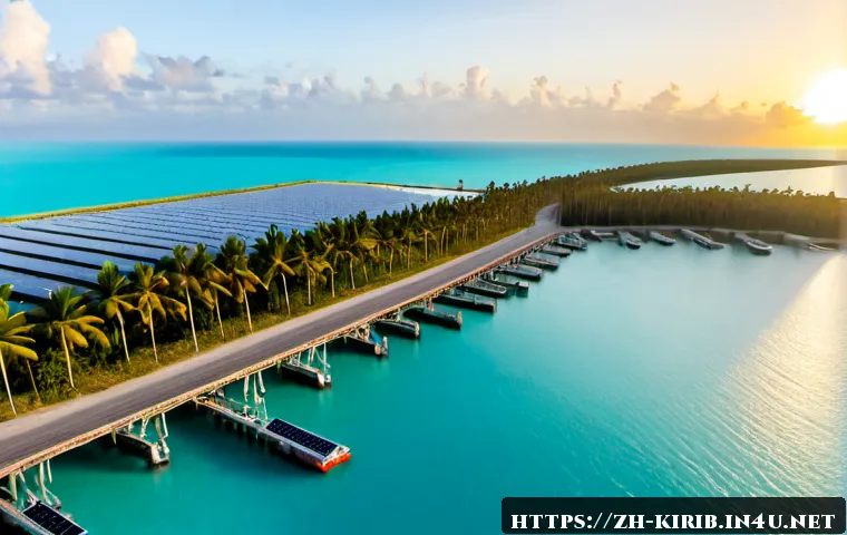 키리바시 해외 투자 유치 전략 - Photorealistic aerial sunrise view of a Kiribati lagoon island developed as a sustainable foreign in...