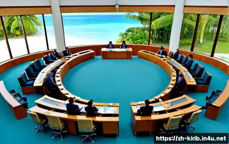 키리바시 정치 체제 변화 - Photorealistic wide-angle view of a modern Pacific island parliamentary chamber in Kiribati, diverse...