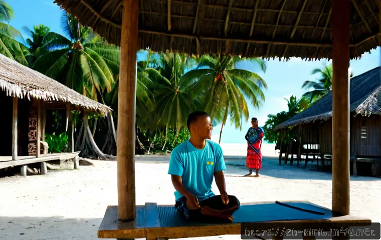 키리바시 문화 차이로 인한 실수 예방 - Photorealistic travel orientation scene in Kiribati, a respectful adult visitor listening attentivel...
